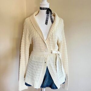 Vintage 90s cream chunky knit wrap cardigan sweater cottagecore coquette M-L